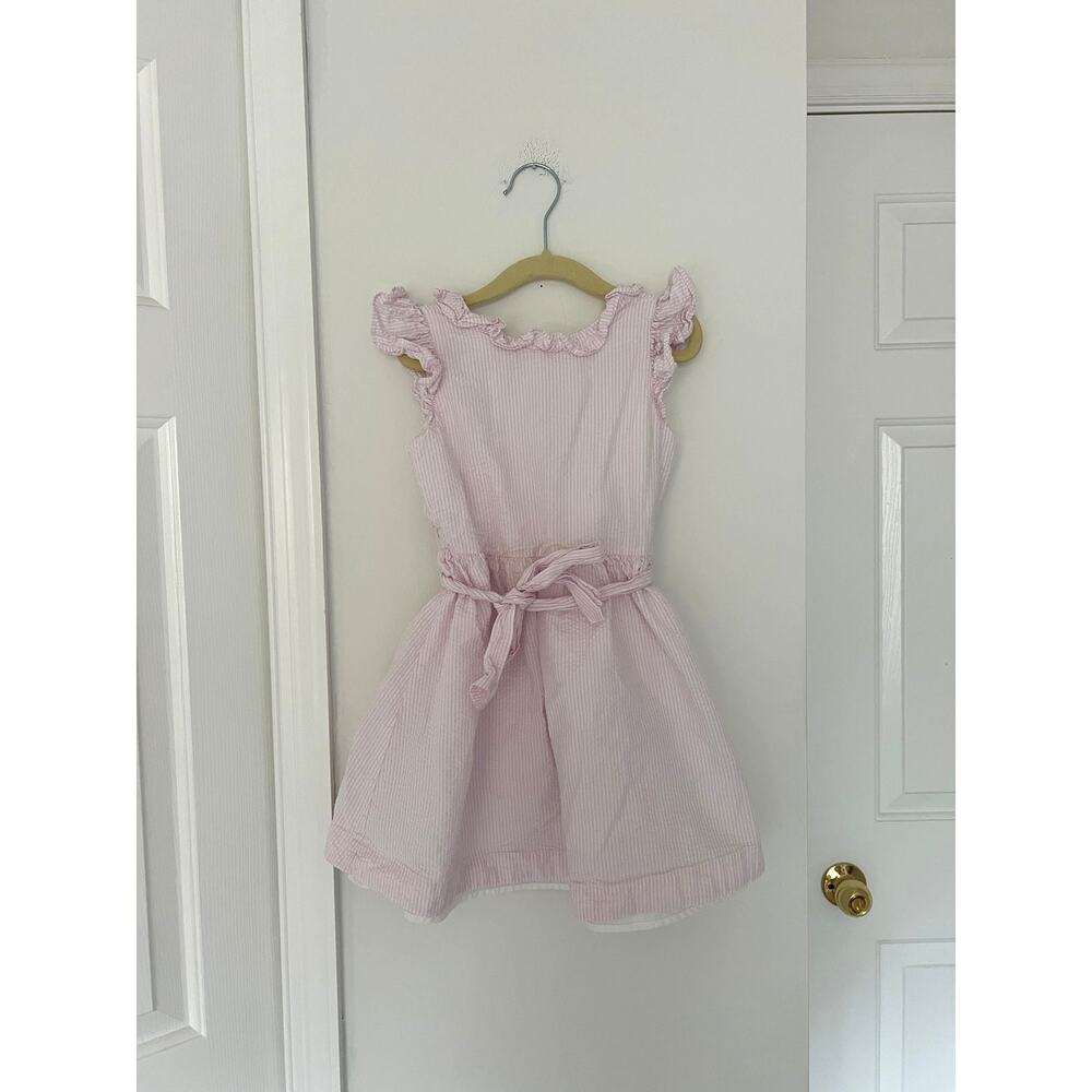 Girls Pink Ruffle Seersucker Dress with Waist Tie